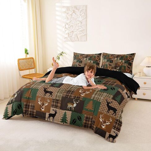 Feelyou Wild Deer Duvet Cover Toddler Size Farmhouse Theme Bedding Set for Boys Girls Vintage Retro Comforter Cover Green Brown Checkered Bedroom Decor 2Pcs No Comforter with 1 Pillowcase in Kuwait