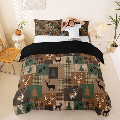 Feelyou Wild Deer Duvet Cover Toddler Size Farmhouse Theme Bedding Set for Boys Girls Vintage Retro Comforter Cover Green Brown Checkered Bedroom Decor 2Pcs No Comforter with 1 Pillowcase in Kuwait