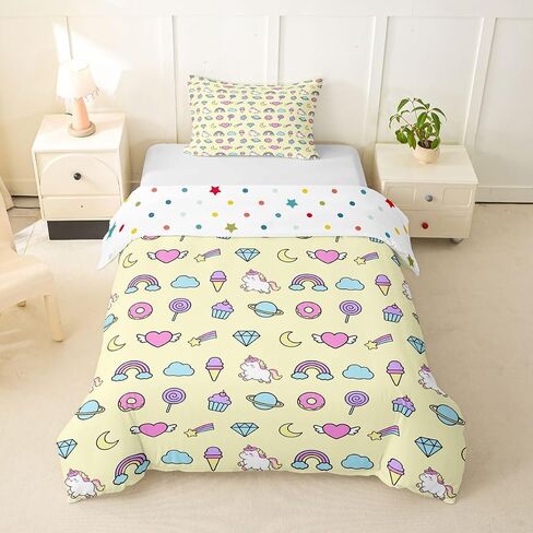 jejeloiu Cartoon Unicorn Duvet Cover Toddler Size Cute Rainbow Donuts Bedding Set Breathable Soft Princess Style Comforter Cover 2Pcs Bedroom Decor in Kuwait