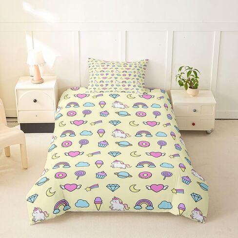jejeloiu Cartoon Unicorn Duvet Cover Toddler Size Cute Rainbow Donuts Bedding Set Breathable Soft Princess Style Comforter Cover 2Pcs Bedroom Decor in Kuwait