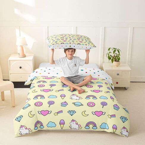 jejeloiu Cartoon Unicorn Duvet Cover Toddler Size Cute Rainbow Donuts Bedding Set Breathable Soft Princess Style Comforter Cover 2Pcs Bedroom Decor in Kuwait