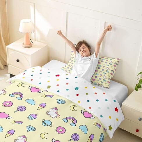 jejeloiu Cartoon Unicorn Duvet Cover Toddler Size Cute Rainbow Donuts Bedding Set Breathable Soft Princess Style Comforter Cover 2Pcs Bedroom Decor in Kuwait
