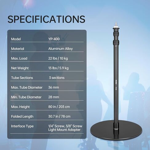 YP-400 Light Stand, 80" Monopod for Camera, LED Light, Heavy Duty Aluminum Alloy 36mm Tubes Metal Round Base with 1/4" Screw, 3/8" Screw & Light Mount Adapter in Kuwait