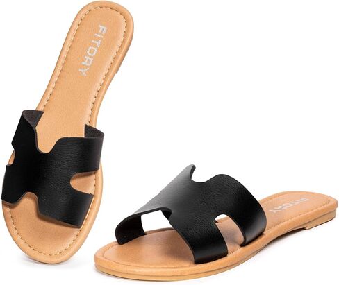 FITORY Womens Flat Sandals Comfortable Dressy Leather Summer Cute Slides | Beach, Ladies, Slip On, Casual, Office, Comfy, Trendy, Vacation, Fancy, Fashion, Business, Soft, Stylish, Round Toe in Kuwait