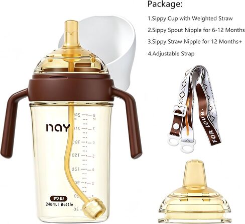 yanyoyo PPSU Spill Proof Weighted Sippy Cup for Toddlers, Baby's First Straw Cup with Handles and Adjustable Strap, Learner Water Bottle with 2 Silicone Nipples BPA Free, 6+ Months (Brown 10oz 1 Pack) in Kuwait