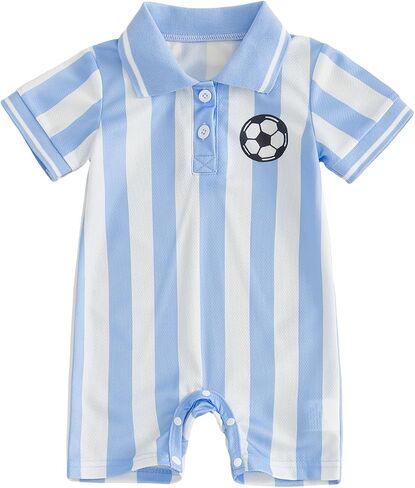 Soccer Baby Boy Outfit Newborn Striped Button Short Sleeve Collared Romper Jumpsuit Infant Summer One-Piece Outfit in Kuwait