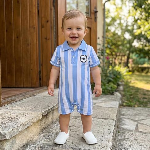Soccer Baby Boy Outfit Newborn Striped Button Short Sleeve Collared Romper Jumpsuit Infant Summer One-Piece Outfit in Kuwait