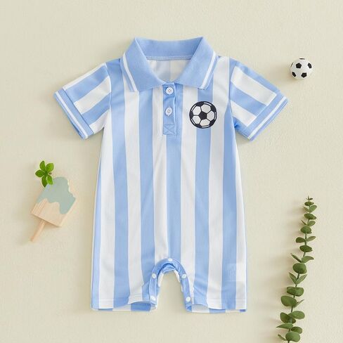 Soccer Baby Boy Outfit Newborn Striped Button Short Sleeve Collared Romper Jumpsuit Infant Summer One-Piece Outfit in Kuwait