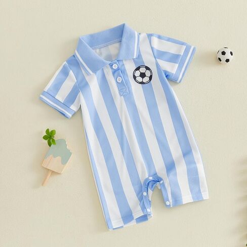 Soccer Baby Boy Outfit Newborn Striped Button Short Sleeve Collared Romper Jumpsuit Infant Summer One-Piece Outfit in Kuwait