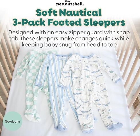 The Peanutshell 3pk Footed Sleepers - Baby Boy Clothes Newborn, 0-3, 3-6, 6-9 Months, Baby Boy Gifts - Soft Nautical in Kuwait