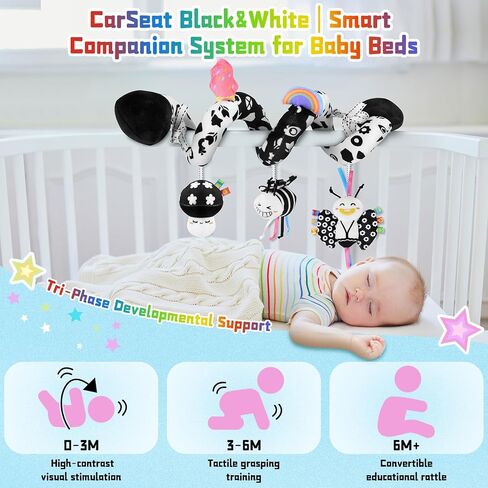 Spiral Car Seat Toys for Babies, 0-6 Months Stroller Pram Activity Hanging Toys High Contrast Black and White Sensory Toy, Newborn Soft Plush Travel Toy for Newborn Boys Girls Gift | Baby Stroller Pram Activity Hanging Toys, High Contrast Soft Plush Trave in Kuwait