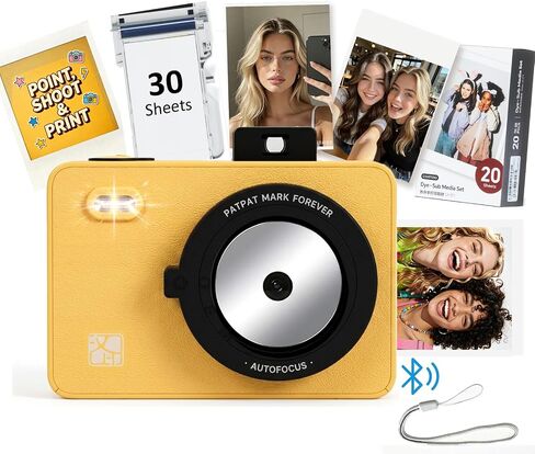 Z5S 2-in-1 Instant Camera & Bluetooth Photo Printer with 30 Sheets, Dye Sublimation Digital Camera with 2x3 Prints for iPhone & Android, Gift, Kids, Yellow in Kuwait