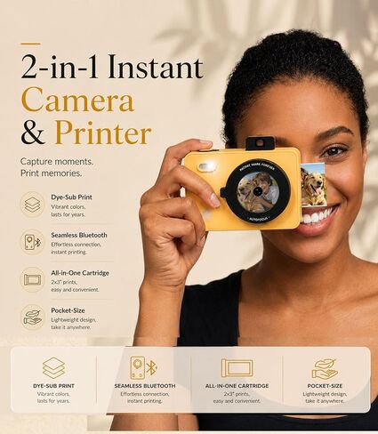 Z5S 2-in-1 Instant Camera & Bluetooth Photo Printer with 30 Sheets, Dye Sublimation Digital Camera with 2x3 Prints for iPhone & Android, Gift, Kids, Yellow in Kuwait