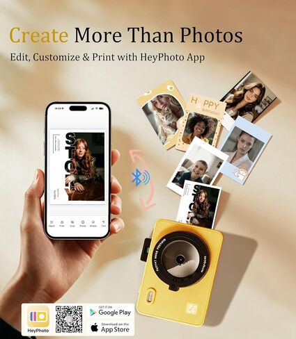 Z5S 2-in-1 Instant Camera & Bluetooth Photo Printer with 30 Sheets, Dye Sublimation Digital Camera with 2x3 Prints for iPhone & Android, Gift, Kids, Yellow in Kuwait