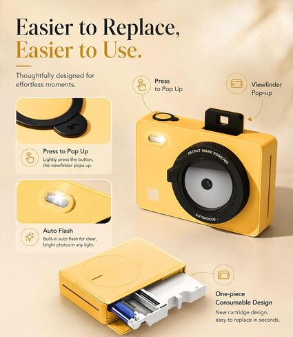 Z5S 2-in-1 Instant Camera & Bluetooth Photo Printer with 30 Sheets, Dye Sublimation Digital Camera with 2x3 Prints for iPhone & Android, Gift, Kids, Yellow in Kuwait