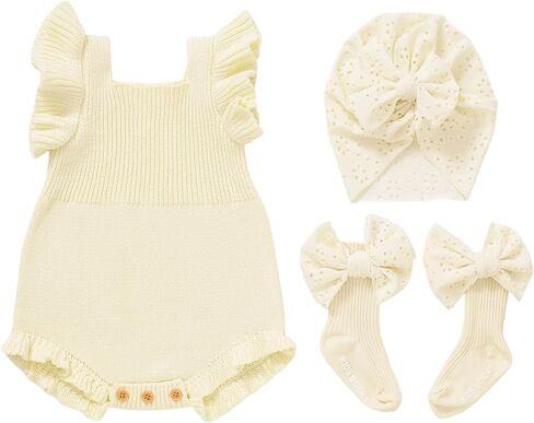 Neiwech Baby Girl Ruffle Knit Romper Outfit Set, Sleeveless Knitted Bodysuit with EyeletBow Turban Headband and Bow Socks in Kuwait