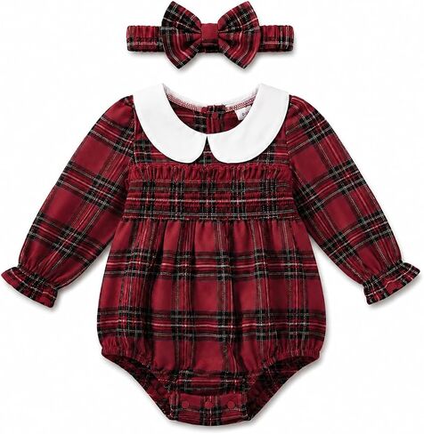 Renotemy Baby Girl Clothes Smocked Bubble Romper with Headband Peter Pan Collar Infant Fall Winter Outfit for Preemie Newborn in Kuwait