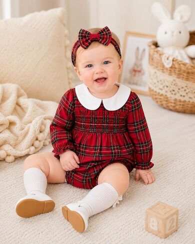 Renotemy Baby Girl Clothes Smocked Bubble Romper with Headband Peter Pan Collar Infant Fall Winter Outfit for Preemie Newborn in Kuwait
