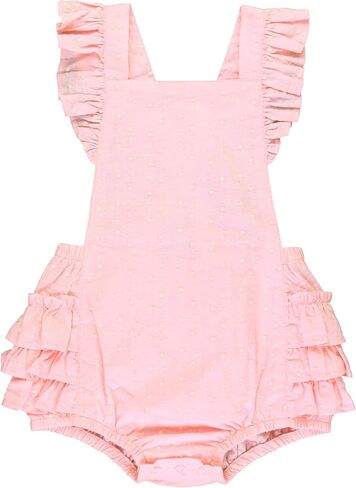 RuffleButts Baby Girls Pink Embroidered Flutter - Overall Romper | 100% Cotton, Lightweight Fabric, Medium Stretch, Toddler Fit, Short Bottom, Ruffle Collar, Machine Washable in Kuwait