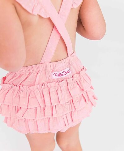RuffleButts Baby Girls Pink Embroidered Flutter - Overall Romper | 100% Cotton, Lightweight Fabric, Medium Stretch, Toddler Fit, Short Bottom, Ruffle Collar, Machine Washable in Kuwait