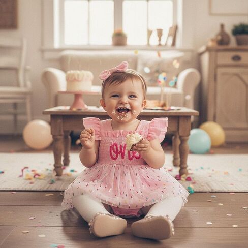 Gaono Baby Girl 1st Birthday Outfit Fly Sleeve One Embroidery Tulle Romper Dress+Headband Birthday Cake Smash 2Pcs Clothes in Kuwait