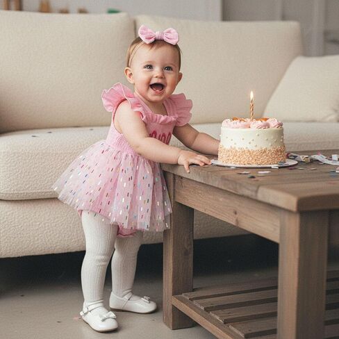 Gaono Baby Girl 1st Birthday Outfit Fly Sleeve One Embroidery Tulle Romper Dress+Headband Birthday Cake Smash 2Pcs Clothes in Kuwait