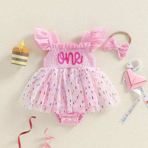 Gaono Baby Girl 1st Birthday Outfit Fly Sleeve One Embroidery Tulle Romper Dress+Headband Birthday Cake Smash 2Pcs Clothes in Kuwait