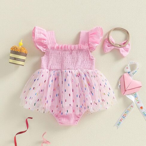 Gaono Baby Girl 1st Birthday Outfit Fly Sleeve One Embroidery Tulle Romper Dress+Headband Birthday Cake Smash 2Pcs Clothes in Kuwait