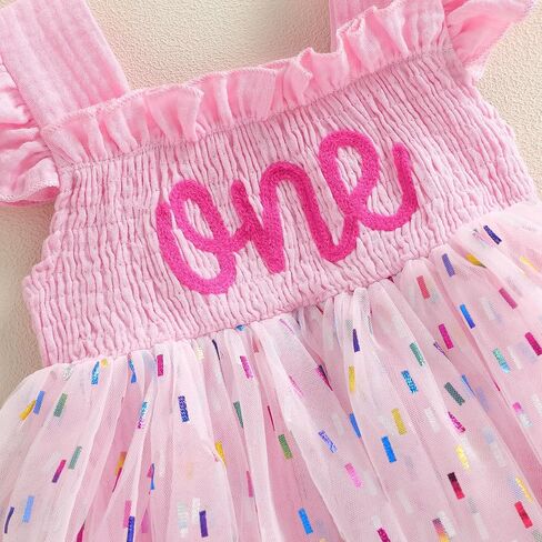 Gaono Baby Girl 1st Birthday Outfit Fly Sleeve One Embroidery Tulle Romper Dress+Headband Birthday Cake Smash 2Pcs Clothes in Kuwait