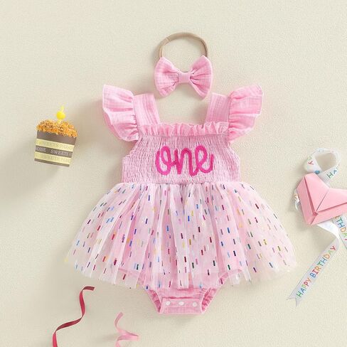Gaono Baby Girl 1st Birthday Outfit Fly Sleeve One Embroidery Tulle Romper Dress+Headband Birthday Cake Smash 2Pcs Clothes in Kuwait