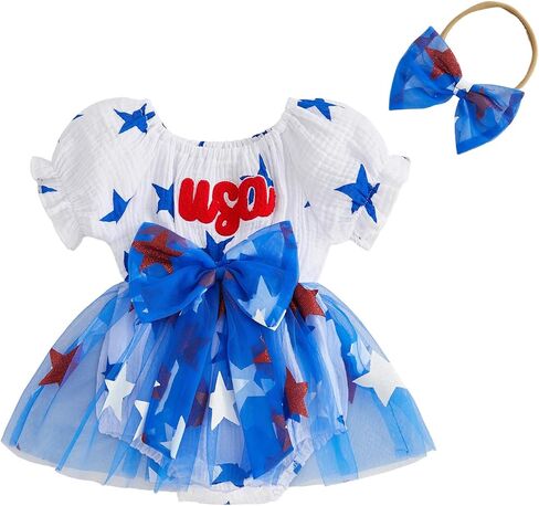 MoZiKQin Baby Girl 4th of July Outfit American Flag Romper Tutu Dress Short Sleeve Tulle Skirt Bodysuit Patriotic Clothes in Kuwait