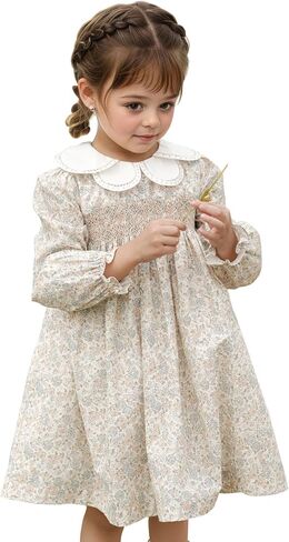 Twoflower Toddler Baby Girl Smocked Dresses with Flower Collar|Floral Print Long Sleeve Ruffle Dress with Belt in Kuwait