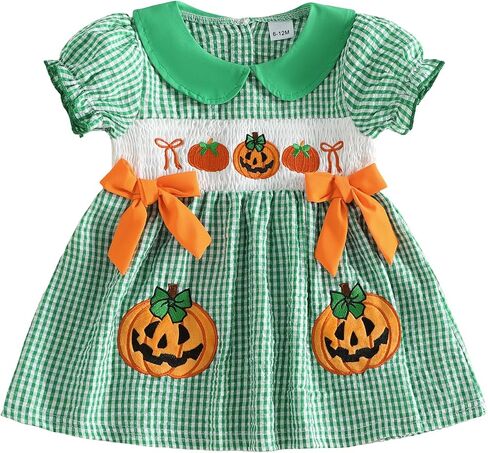 Baby Girl Halloween Outfit Toddler Pumpkin Embroidery Dress Ruffle Short Sleeve Smocked Halloween Dresses in Kuwait