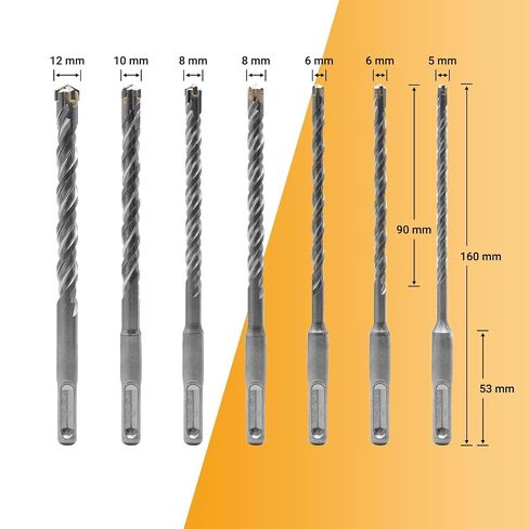 SDS Plus Concrete Drill Bit Set, 7-Piece (5-12mm x 160mm) — Premium Carbide-Tipped Masonry Drill Bits for Concrete, Brick, Block & Stone, Max Hardness 92 HRC, Ideal for Hammer Drills in Kuwait