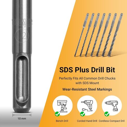 SDS Plus Concrete Drill Bit Set, 7-Piece (5-12mm x 160mm) — Premium Carbide-Tipped Masonry Drill Bits for Concrete, Brick, Block & Stone, Max Hardness 92 HRC, Ideal for Hammer Drills in Kuwait