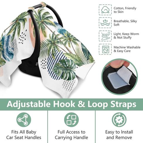 Palm Tree Pattern Baby Car Seat Cover Stroller Canopy | Muslin-like Cotton Blend, Breathable, Multi-use, Newborn Essentials Must Haves, Fits Most Strollers, for Babies Boys Girls in Kuwait