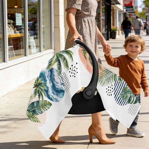 Palm Tree Pattern Baby Car Seat Cover Stroller Canopy | Muslin-like Cotton Blend, Breathable, Multi-use, Newborn Essentials Must Haves, Fits Most Strollers, for Babies Boys Girls in Kuwait