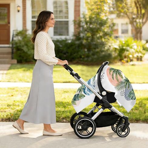 Palm Tree Pattern Baby Car Seat Cover Stroller Canopy | Muslin-like Cotton Blend, Breathable, Multi-use, Newborn Essentials Must Haves, Fits Most Strollers, for Babies Boys Girls in Kuwait