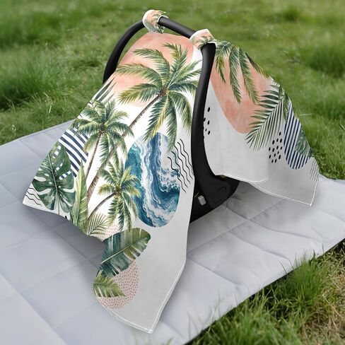 Palm Tree Pattern Baby Car Seat Cover Stroller Canopy | Muslin-like Cotton Blend, Breathable, Multi-use, Newborn Essentials Must Haves, Fits Most Strollers, for Babies Boys Girls in Kuwait