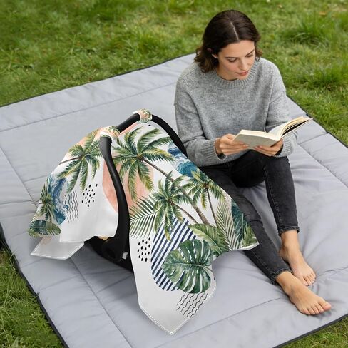 Palm Tree Pattern Baby Car Seat Cover Stroller Canopy | Muslin-like Cotton Blend, Breathable, Multi-use, Newborn Essentials Must Haves, Fits Most Strollers, for Babies Boys Girls in Kuwait