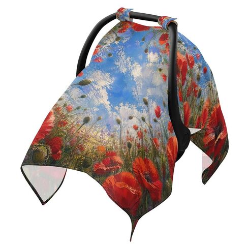 Poppy Flower Print Baby Car Seat Cover Breastfeeding Cover | Muslin-like Cotton Blend, Breathable, Multi-use, Newborn Essentials Must Haves, Fits Most Strollers, for Babies Boys Girls in Kuwait