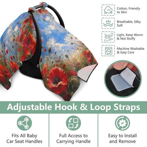 Poppy Flower Print Baby Car Seat Cover Breastfeeding Cover | Muslin-like Cotton Blend, Breathable, Multi-use, Newborn Essentials Must Haves, Fits Most Strollers, for Babies Boys Girls in Kuwait