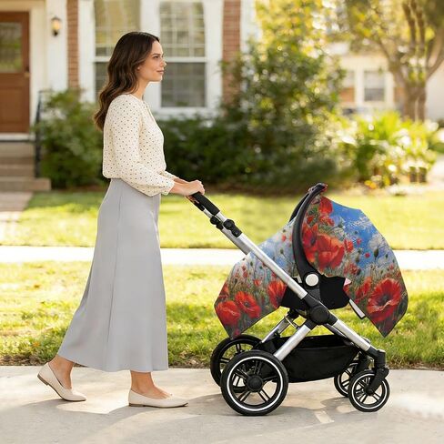 Poppy Flower Print Baby Car Seat Cover Breastfeeding Cover | Muslin-like Cotton Blend, Breathable, Multi-use, Newborn Essentials Must Haves, Fits Most Strollers, for Babies Boys Girls in Kuwait