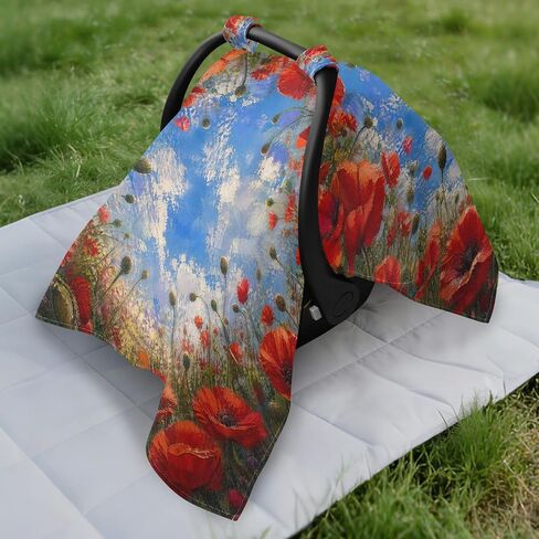 Poppy Flower Print Baby Car Seat Cover Breastfeeding Cover | Muslin-like Cotton Blend, Breathable, Multi-use, Newborn Essentials Must Haves, Fits Most Strollers, for Babies Boys Girls in Kuwait