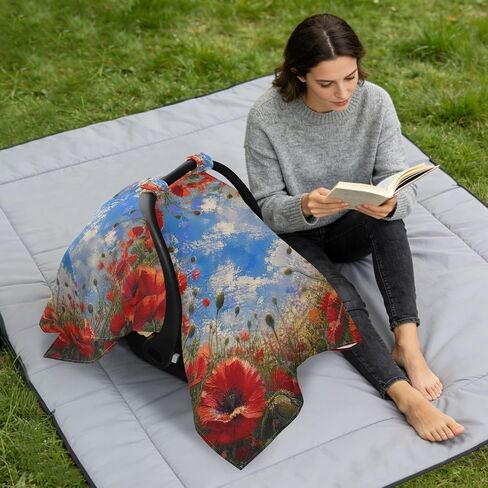 Poppy Flower Print Baby Car Seat Cover Breastfeeding Cover | Muslin-like Cotton Blend, Breathable, Multi-use, Newborn Essentials Must Haves, Fits Most Strollers, for Babies Boys Girls in Kuwait