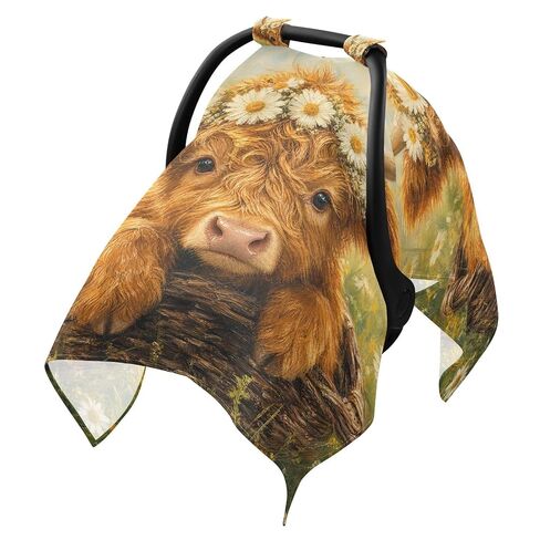 Cow Basket Pattern Baby Car Seat Cover Carseat Canopy Cover | Muslin-like Cotton Blend, Breathable, Multi-use, Newborn Essentials Must Haves, Fits Most Strollers, for Babies Boys Girls in Kuwait