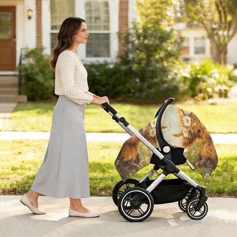 Cow Basket Pattern Baby Car Seat Cover Carseat Canopy Cover | Muslin-like Cotton Blend, Breathable, Multi-use, Newborn Essentials Must Haves, Fits Most Strollers, for Babies Boys Girls in Kuwait
