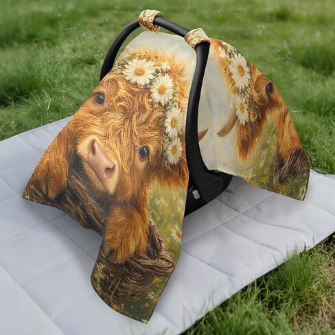 Cow Basket Pattern Baby Car Seat Cover Carseat Canopy Cover | Muslin-like Cotton Blend, Breathable, Multi-use, Newborn Essentials Must Haves, Fits Most Strollers, for Babies Boys Girls in Kuwait