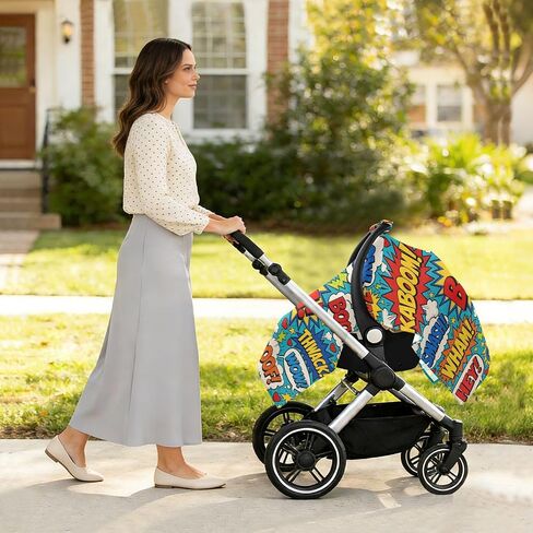 Exclamations Print Baby Car Seat Cover Infant Carseat Cover | Muslin-like Cotton Blend, Breathable, Multi-use, Newborn Essentials Must Haves, Fits Most Strollers, for Babies Boys Girls in Kuwait