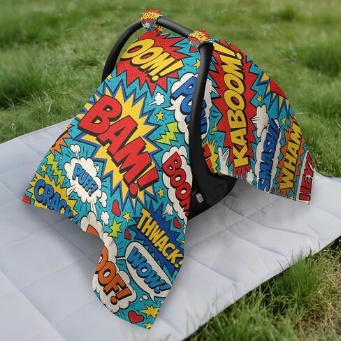 Exclamations Print Baby Car Seat Cover Infant Carseat Cover | Muslin-like Cotton Blend, Breathable, Multi-use, Newborn Essentials Must Haves, Fits Most Strollers, for Babies Boys Girls in Kuwait